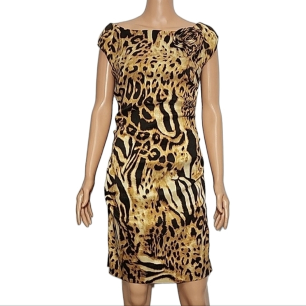 Va Va Voom Ruched bodycon dress Leopard Brown black Size L Large